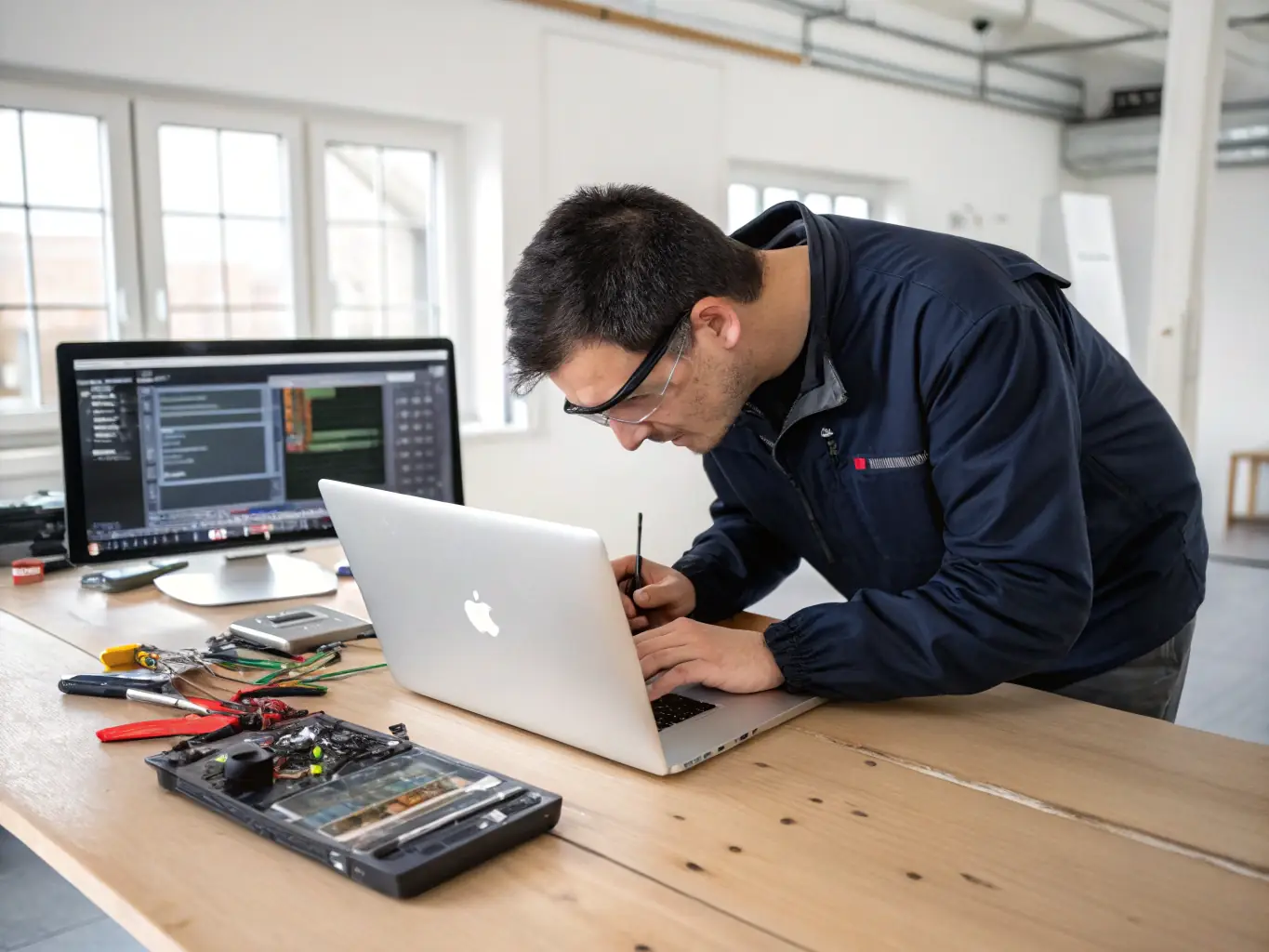 A technician repairing the motherboard of a laptop in a clean, well-lit workshop. The image should convey precision and expertise.