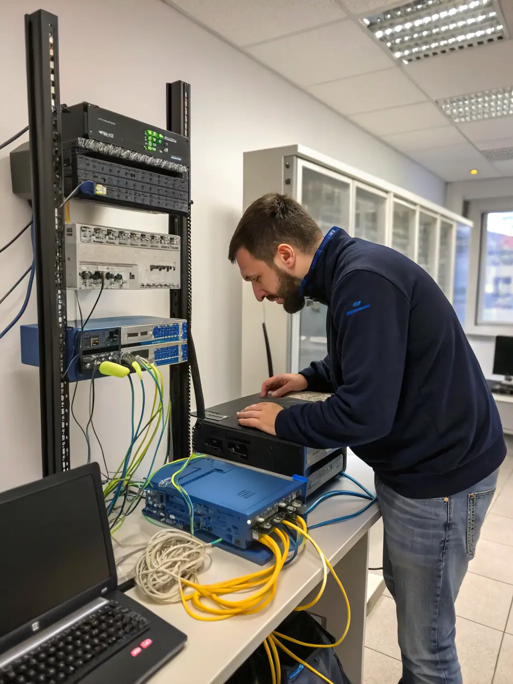 A technician configuring a router and network cables in an office environment, demonstrating Techvix's network setup service.