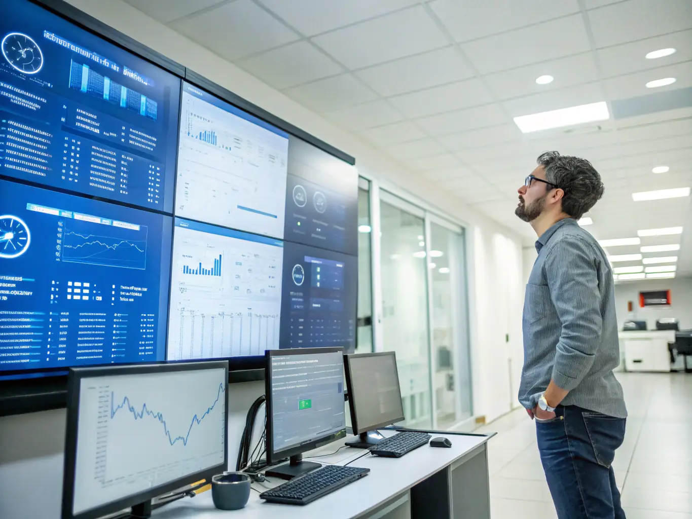 A network security specialist analyzing network traffic on a monitor, with various security tools and graphs displayed.