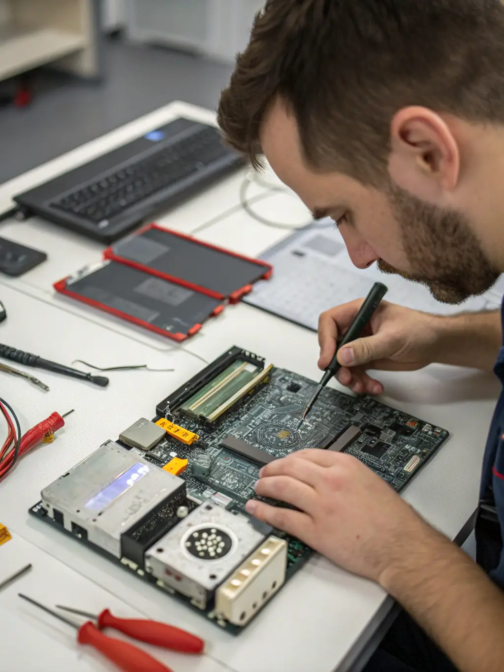 A technician repairing a desktop computer with tools and diagnostic equipment, showcasing Techvix's computer repair service.